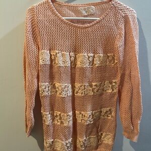 Peach Lace-Strip Open Knit Crewneck Sweater
